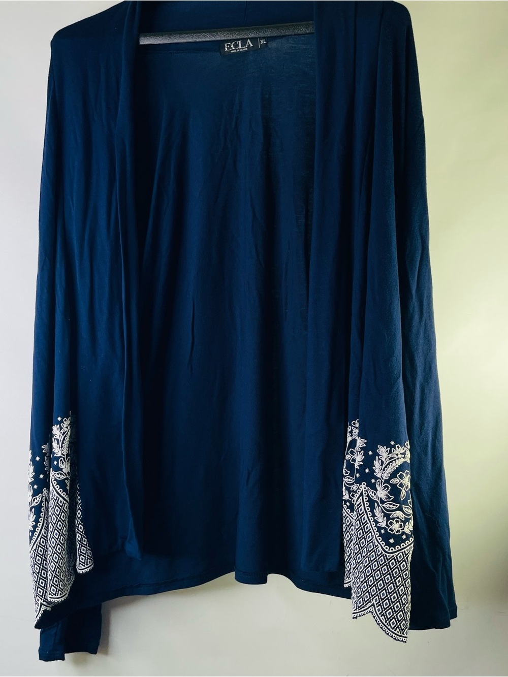 Ecla Navy Open-Front Cardigan with White Embroidered Hem